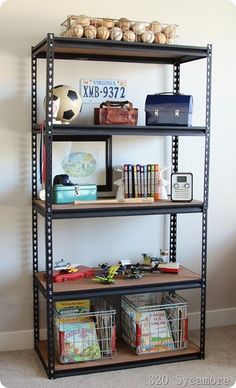 a book shelf filled with books and other items