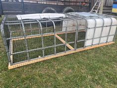 a caged animal is sitting in the grass near an old truck and trailer with it's doors open