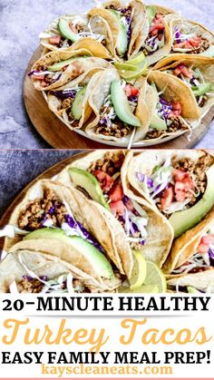 two plates filled with tacos and the words 20 minute healthy turkey tacos easy family meal prep