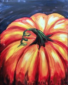 an acrylic painting of a large orange pumpkin on a black background with the words find this painting