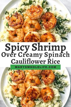 two plates with shrimp and cauliflower rice on them