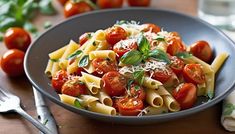 a plate of pasta with tomatoes and parmesan cheese on the table next to silverware