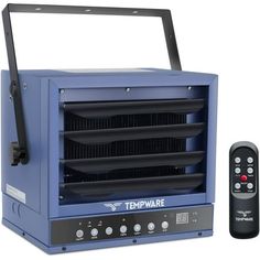 a blue portable heater with remote control