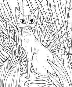 a black and white cat sitting on top of a tree branch in the jungle coloring page