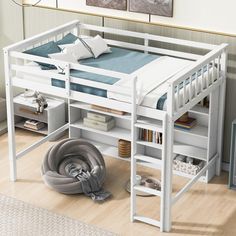 a white loft bed sitting on top of a wooden floor next to a book shelf