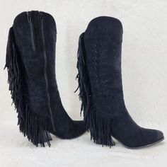 Brand New Faux Suede Back Fringe Details Composite Sole And Heel Full Inside Zipper With A 2nd Pant Tuck Zipper To Give Extra Inches At The Top Opening If Needed!! Top Opening 15" Approx (With Tuck Zipper Open 16" Approx) Measured On Size 7 Heel Height Approx. 3" Western Black Knee-high Boots For Fall, Black Western Knee-high Boots For Fall, Black Moto Boots With Zipper Closure For Winter, Black Moto Boots With Zipper For Winter, Black Boots With Zipper Closure For Fall, Black Mid-calf Boots With Zipper Closure For Party, Black Mid-calf Boots With Zipper For Party, Party Black Mid-calf Boots With Zipper Closure, Black Heeled Boots With Zipper For Fall