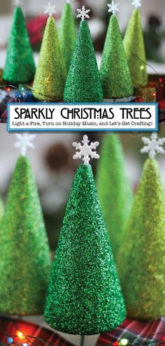 christmas trees made out of glitter and snowflakes are shown in three different colors