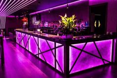 the bar is lit up with purple lighting and flowers in vases on the counter