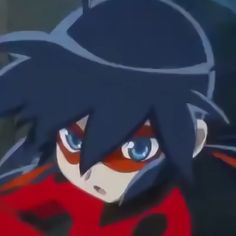 an anime character with blue eyes and black hair, wearing a red coat is looking at the camera