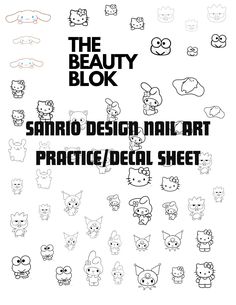 SAN RIO design nail art  sheet! These are great for adding a design to your nails without having to draw. The designs are lined designs(no color) so that you can color them in to the color you want yourself! It includes over 30 decals and the designs are in different sizes to accommodate different nail sizes! THIS LISTING IS FOR IS PHYSICAL COPY! You can purchase a digital file in my shop as well. These can be used for waterslide nail decals or nail art practice.  The nail art practice sheet com Nail Decals Designs Printable, Nail Art Stencils Printable, Nail Art Practice Sheet, Printable Nail Art Templates, Printable Nail Art Practice Sheet, Printable Nail Art, Nail Art Practice, Nail Decals Designs, Nail Practice