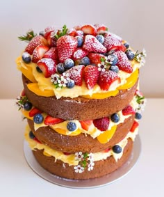 a triple layer cake topped with fruit and powdered sugar