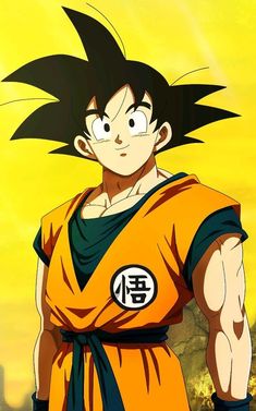 the dragon ball character is wearing an orange shirt and black pants with his hands on his hips