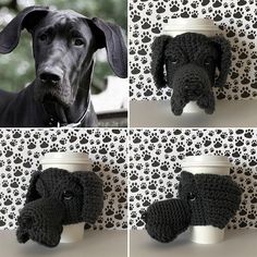 four different pictures of a dog's head and paw prints on the wall, including a coffee cup