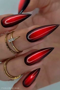 Long Stiletto Ombre Red and Black Nails for Year Round Ombre Nail Designs Stilettos, Red Stilletos Nails, Black Halloween Nails, Witchy Nails, Gothic Nails