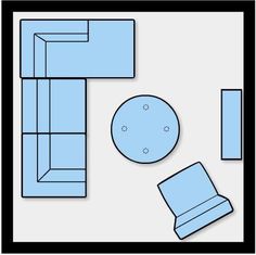 a drawing of a living room with blue furniture