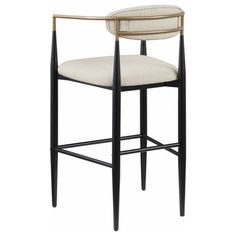 an upholstered bar stool with black legs and a white cushion on the seat