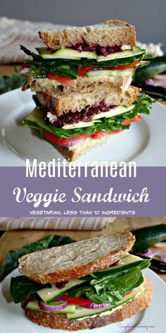 two sandwiches stacked on top of each other with the words mediterranean veggie sandwich