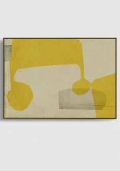 an abstract painting with yellow and white colors on a gray background, framed in a wooden frame