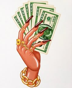 a drawing of a hand holding money with chains on it