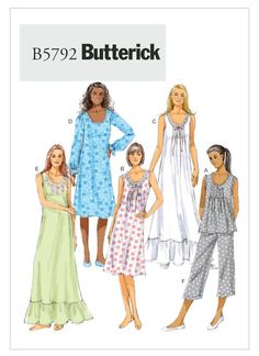 Butterick B5792 | Misses' Ruffled Top, Gowns and Pants | Front of Envelope Sew Nightgown, Butterick Sewing Patterns, Nightgown Pattern, Pajama Pattern, Black Tees, Pants Sewing Pattern, Lingerie Vintage, Butterick Pattern, Butterick Sewing Pattern