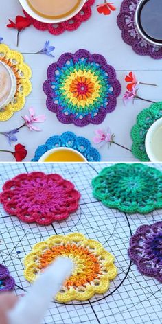 crocheted coasters are being made with yarn and watercolors on the table