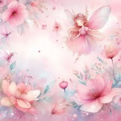 a pink background with flowers and a fairy