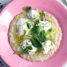 a pink plate topped with oatmeal covered in whipped cream and mint leaves