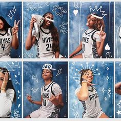 a collage of photos showing the different poses of a young woman in baseball uniforms