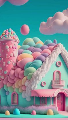 a painting of a pink house with lots of clouds and balls in the air above it