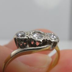 Estate antique diamond three stone ring. 35ctw. clean old cut stones g/vs. size 5.5. beautiful and comes in ring box. 2grams. the platinum is the full top the rest is 18k yellow gold. Diamond Three Stone Ring, Stone Diamond Ring, Three Stone Diamond Ring, Three Stone Diamond, Three Stone Ring, Antique Diamond, Three Stone Rings, Ring Box, Three Stone