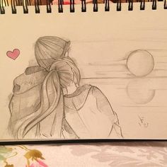 a pencil drawing of a girl with long hair looking at the sun behind her head