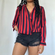 Brand New Urban Outfitters Striped Red And Dark Navy Blue Blouse. The Shirt Is Slightly Longer In The Back. This Has Never Been Worn But There Is A Slight Hole In One Of The Sleeves By The Cuff Of The Shirt But It’s An Easy Fix! Also There Was Supposed To Be A Button In The Middle Of The Blouse But It Came Off, But Again, An Easy Fix! Red V-neck Shirt For Spring, Red V-neck Shirt For Workwear, Casual Red Tops For Work, Casual V-neck Blouse By Urban Outfitters, Trendy Red V-neck Shirt, Chic Long Sleeve Tops By Urban Outfitters, Trendy V-neck Blouse By Urban Outfitters, Urban Outfitters V-neck Blouse For Day Out, Casual Workwear Tops From Urban Outfitters