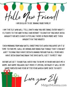 a christmas card with presents on it and the words hello new friend, i am glad to be doing your family