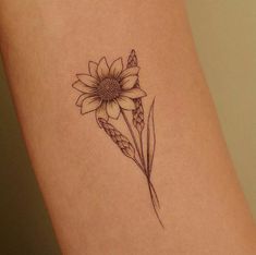 a tattoo on the leg of a woman with a sunflower and earwigs