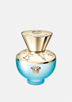 A fresh fragrance that balances effervescent zesty mandarin and primofiore lemon with hints of wood and musk, and tropical fruity undertones. Dylan Turquoise is an ode to the sensuality of the Versace woman, reminiscent of warm summer days. The amphora-shaped bottle evokes Greek mythology, embellished by Medusa emblems. Versace Dylan Turquoise, Perfume Versace, Versace Perfume, Green Chemistry, Winter Fruit, The Blue Sky, Versace Home, Hair Mist, Donatella Versace