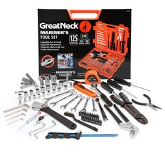 an assortment of tools in a box on a white background with the words great neck marine's tool set