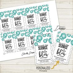 two printable service cards with bubbles and the words service blvd on them