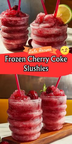 two frozen cherry coke slushies on a cutting board