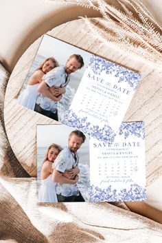 the save the dates cards are displayed on top of a wooden plate with two photos