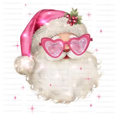 a santa claus with pink sunglasses and a hat on his head is surrounded by stars