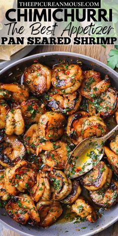 the best appetizer pan seared shrimp in a skillet with a spoon