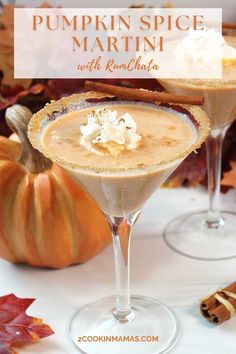 pumpkin spice martini with rumchata and whipped cream garnished with cinnamon sticks