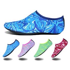 four pairs of water shoes with different colors and patterns on the soles, all in various