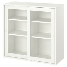 a white bookcase with two doors and shelves on both sides, open for storage