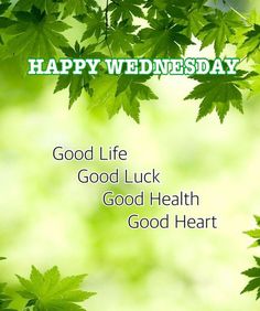 happy wednesday good life good luck good health good heart greeting card with green leaf background