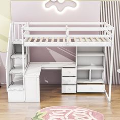 a white bunk bed sitting on top of a wooden floor next to a pink rug