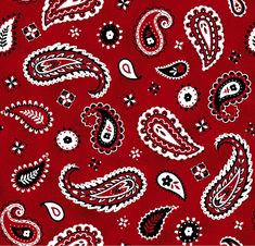 a red and white paisley print fabric with black, white, and grey designs on it