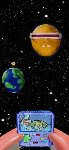 an image of a hand holding a game controller in front of the earth and stars