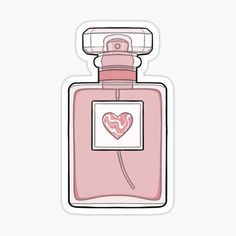 a pink perfume bottle with a heart sticker on it's top and bottom