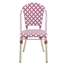 a red and white patterned chair on a white background with the seat upholstered